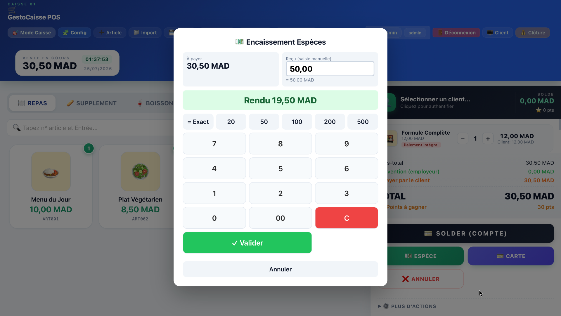 Encaissement espèces avec rendu