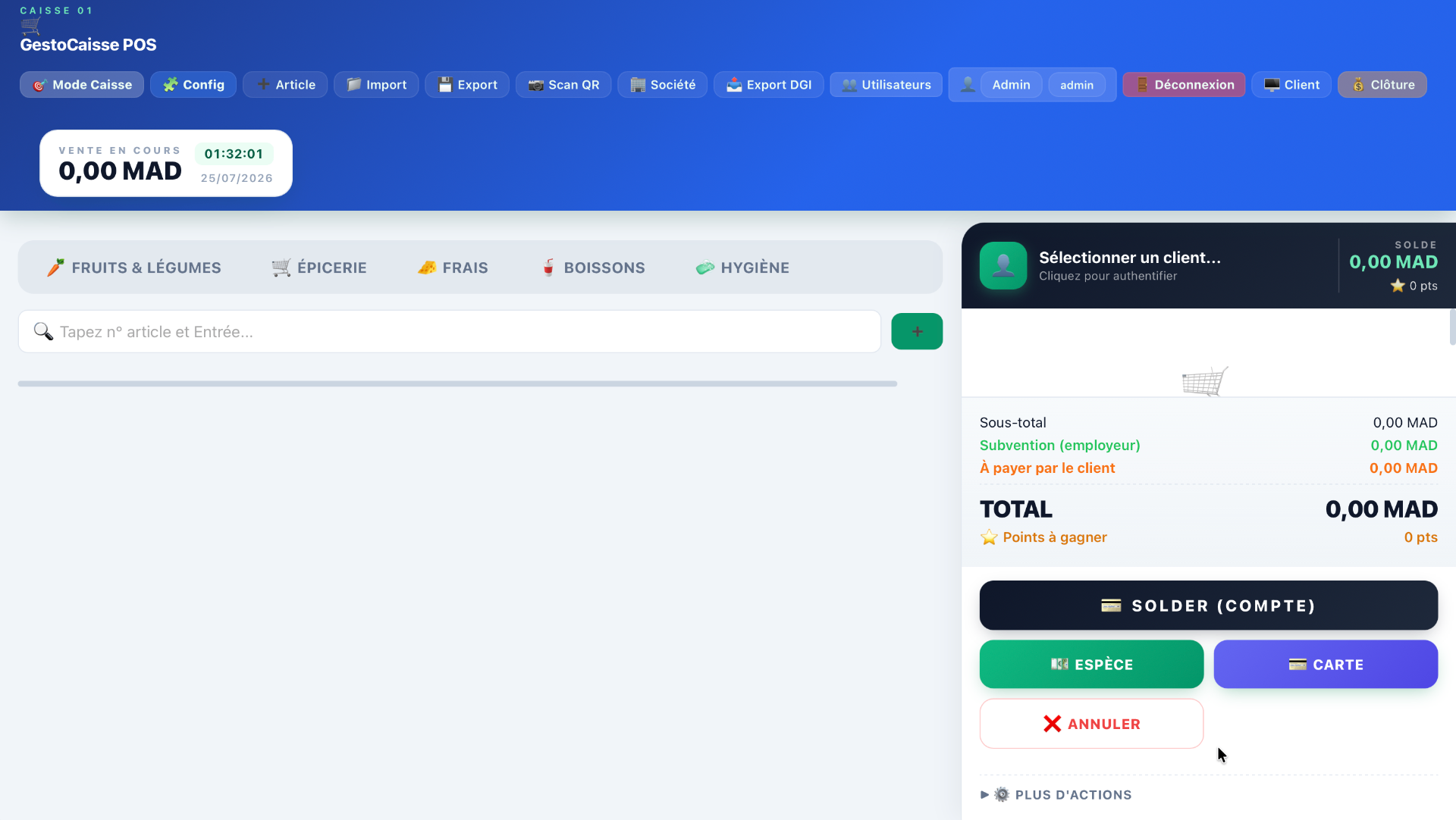 Interface Finza Caisse — POS tactile marocain